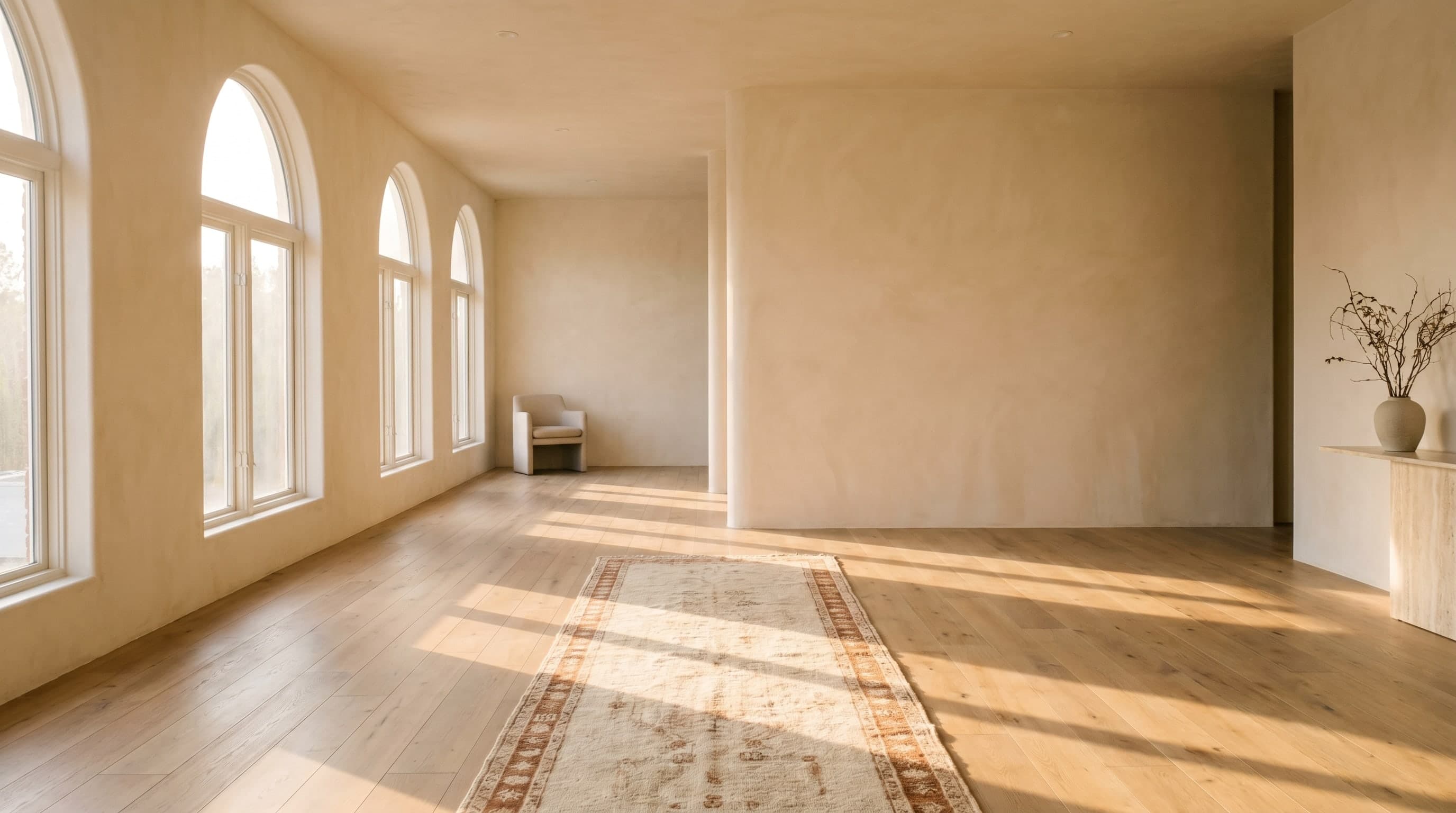 The Lumera Aesthetics consultation space — warm cream walls, travertine and dried botanicals