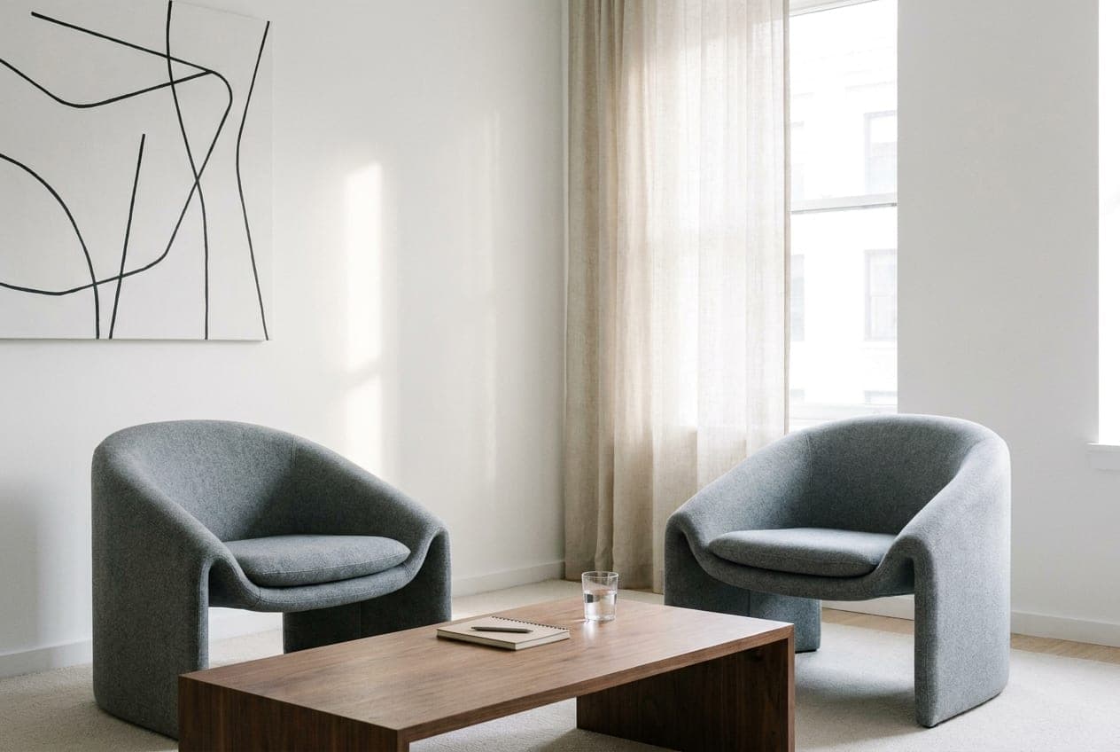 The Lumera consultation room — two armchairs facing each other across a low table in cool daylight