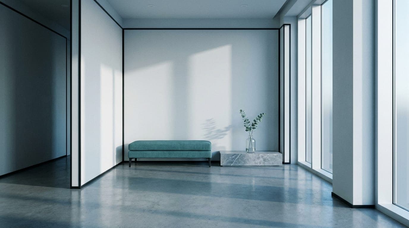 The Lumera Aesthetic Studio reception — polished concrete, cool daylight, a single petrol-teal bench
