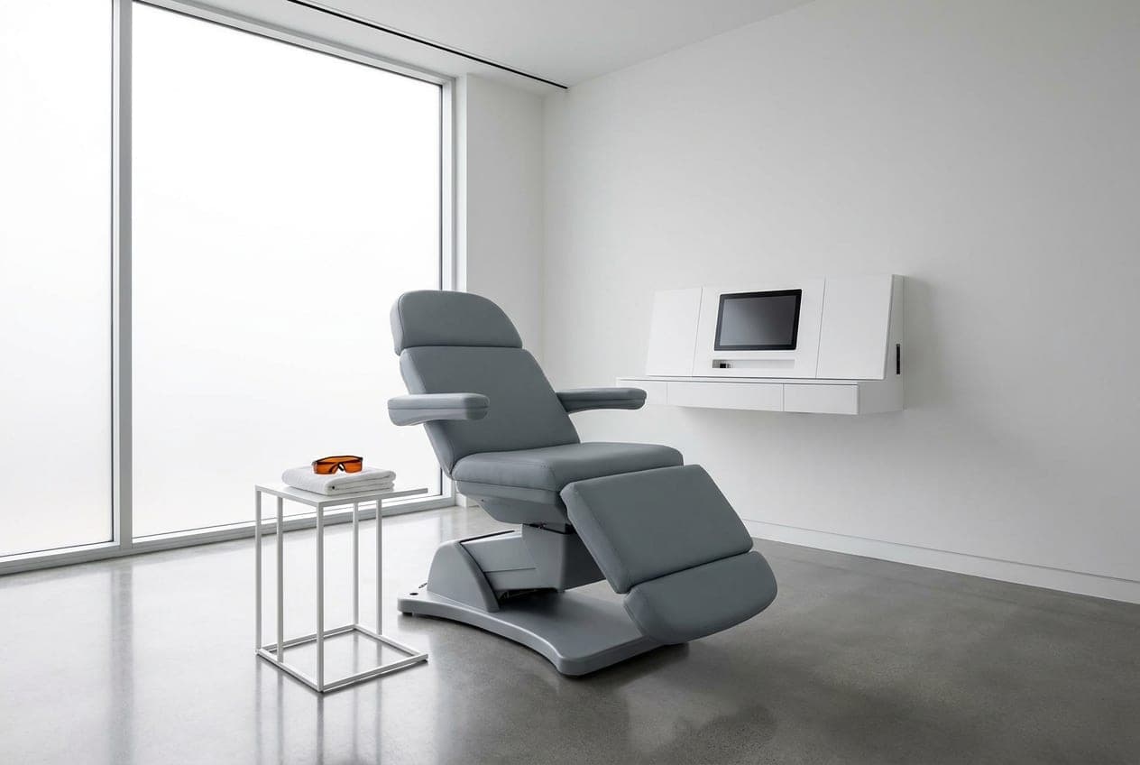 The Lumera laser room — an adjustable chair and a wall-mounted console in cool daylight