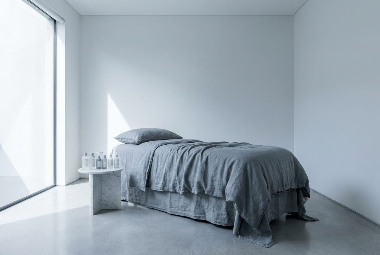 The Lumera skin bar — a treatment bed in cool linen beside a row of frosted-glass bottles
